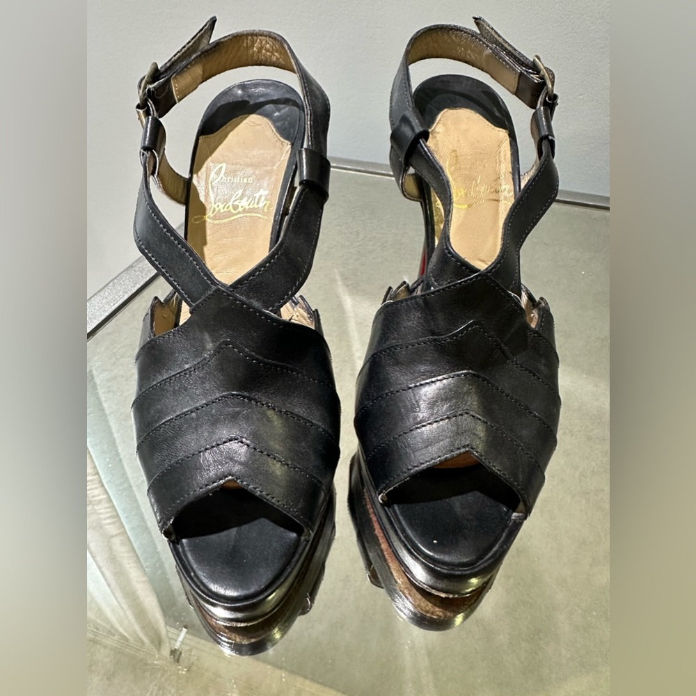 Louboutin black platform open toe sling back 37.5